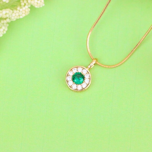 "Green Crystal Halo Pendant in Rose Gold – Round Design, XPPT1596 - Picture 2 of 10